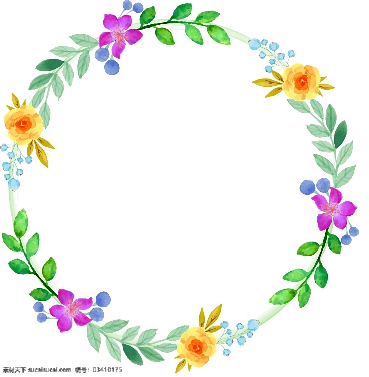 矢量 手绘 花边 花朵 粉色 花环 绿色 树叶 树枝 花草 婚礼 结婚 鲜花 花束 蓝色的花 黄色