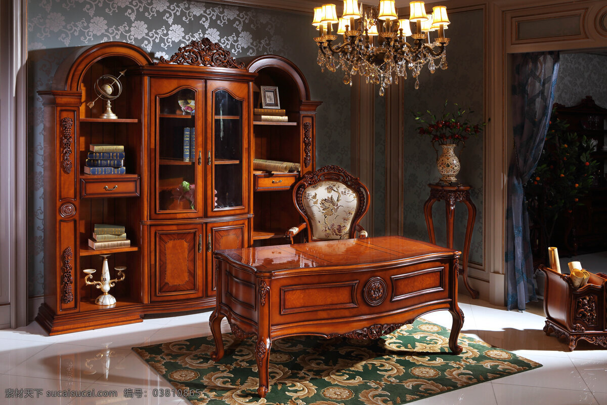 欧式家具 欧式 高端 实木 高端实木 欧式实木书房 书桌 书柜