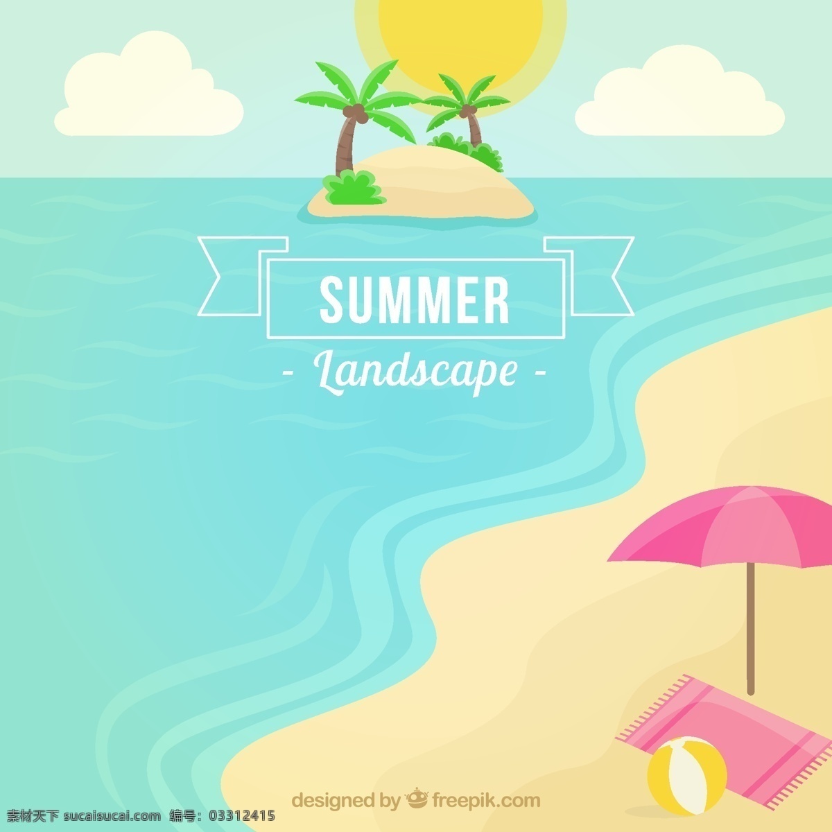 夏天 海滩 景观 背景 树木 夏季 水 太阳 沙滩 运动 鱼 海 平面 波浪 假期 雨伞 面具 海洋 棕榈树 平面设计