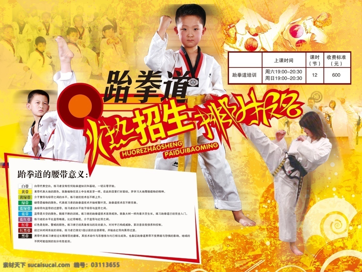 儿童 广告设计模板 火热招生 火焰 青少年 色块 跆拳道 招生 展板 踢腿 圆环 源文件 其他海报设计