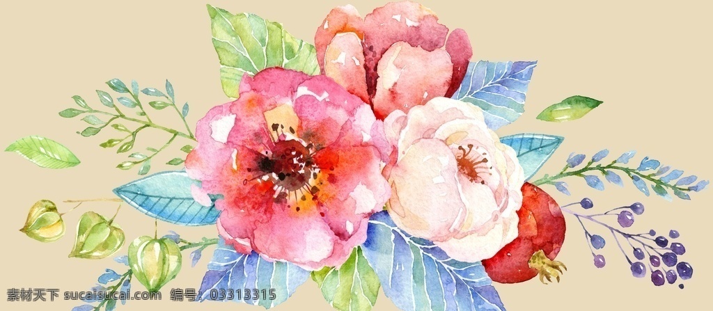 水彩 水彩花 手绘 鲜花 绿叶 花朵 花卉 花环 免扣图片 时尚元素 花型 数码印花 花枝 叶子 花瓣 免扣 水彩花朵树叶 分层