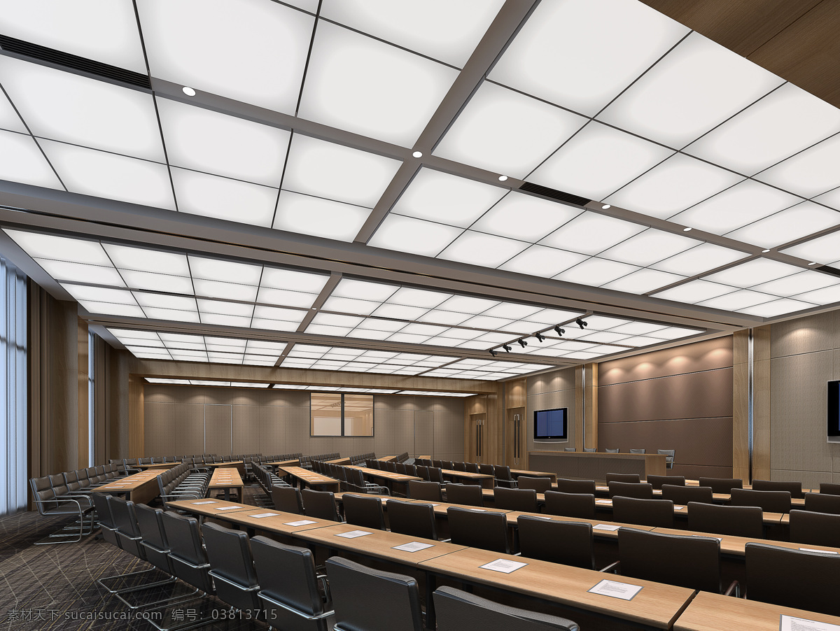 现代 大气 大 会议室 办公室 工装 装修 效果图 深色地板 办公桌 格子天花板 工装装修 办公室装修
