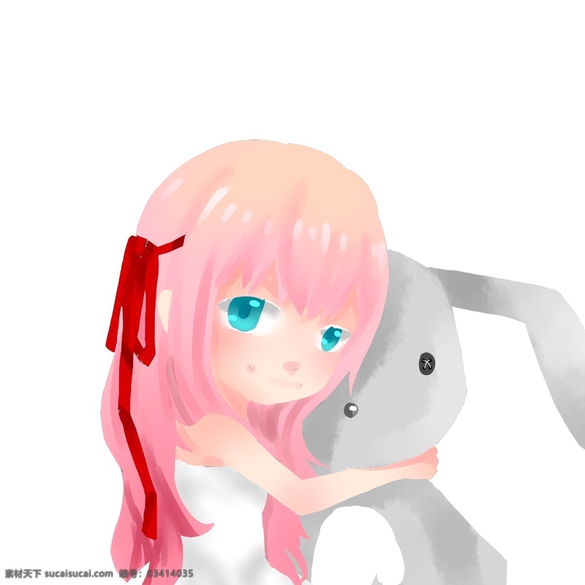 手绘 可爱 抱 兔子 玩偶 女孩子 卡通 少女 女孩 兔子玩偶 插画