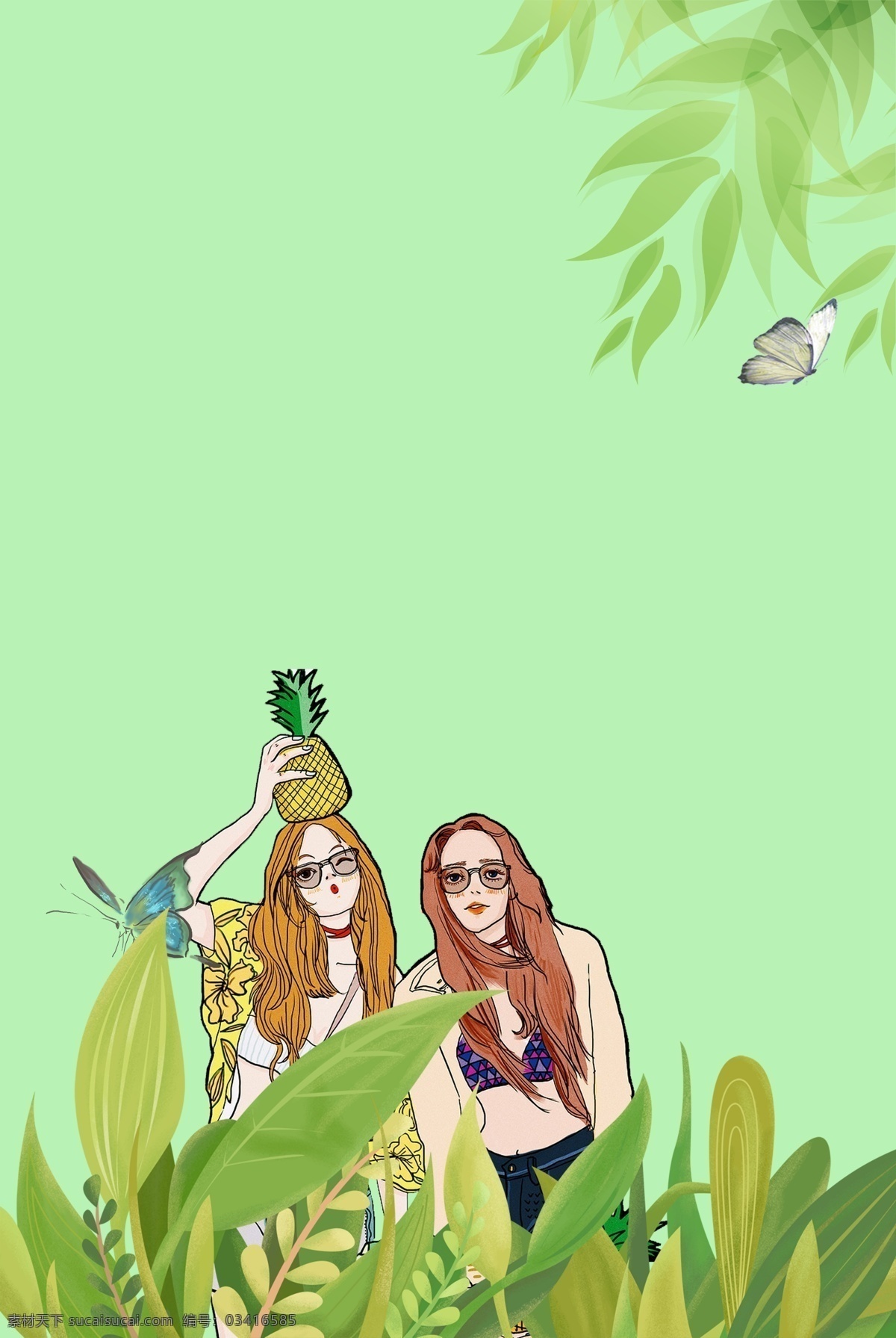 卡 通风 小 清新 绿色 背景 美女 比基尼 菠萝 蝴蝶 花草 简约 文艺