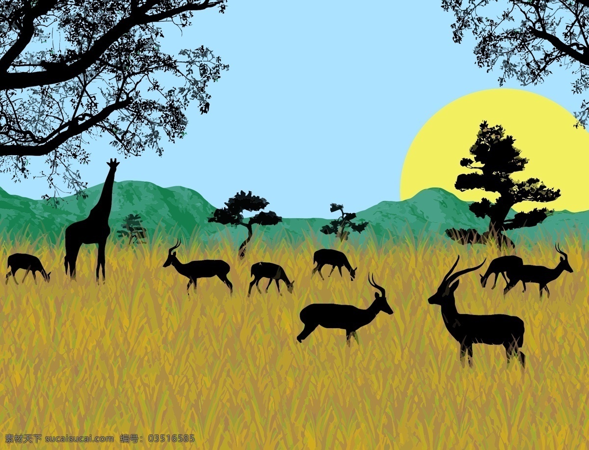 非洲 大 草原 风光 矢量 长颈鹿 动物剪影 湖水 羚羊 狮子 太阳 棕榈树 非洲象 非洲风景 矢量图 其他矢量图