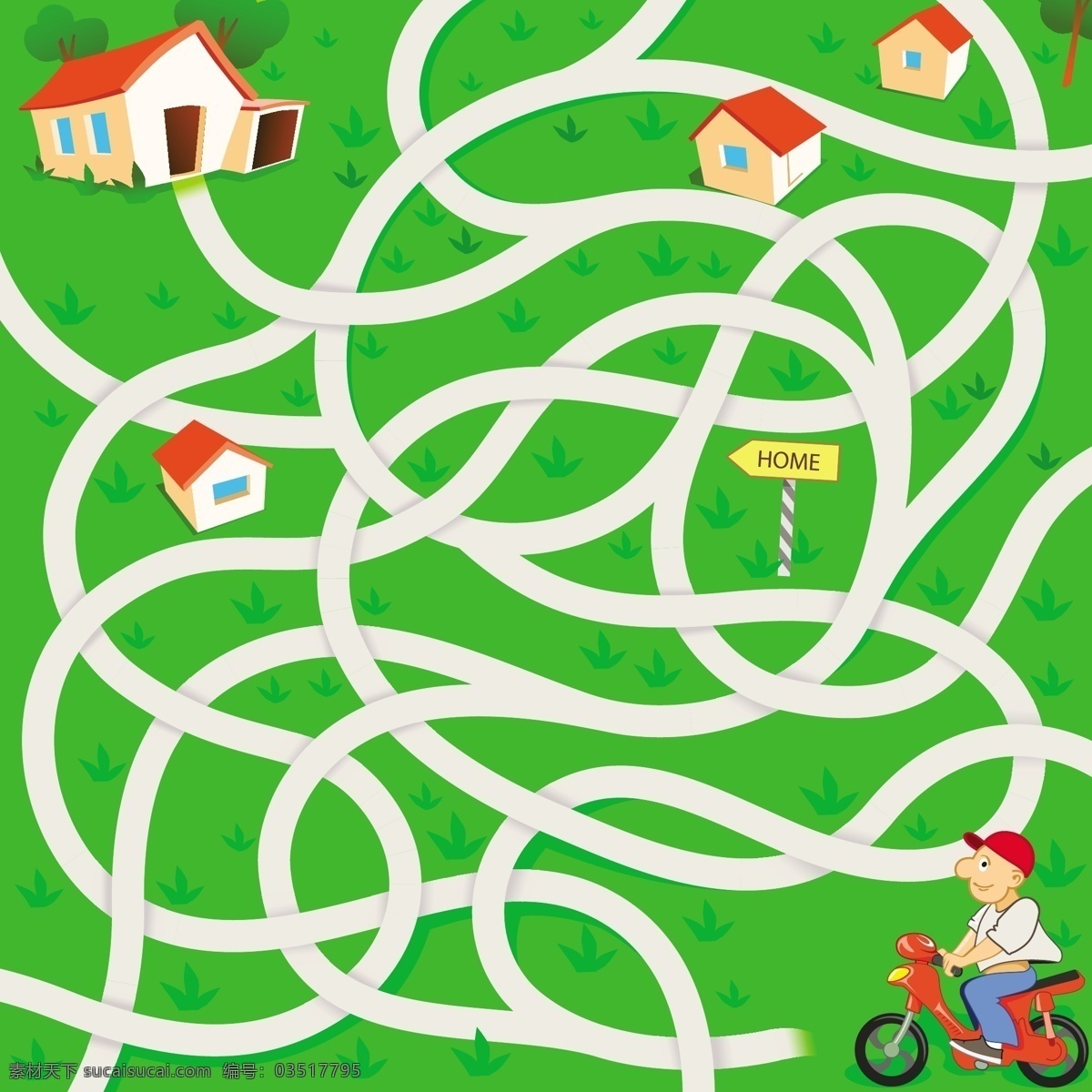 卡通 道路 迷宫 模板下载 房子 草地 摩托车 外送 外卖 人物 乡村 生活百科 矢量素材 绿色