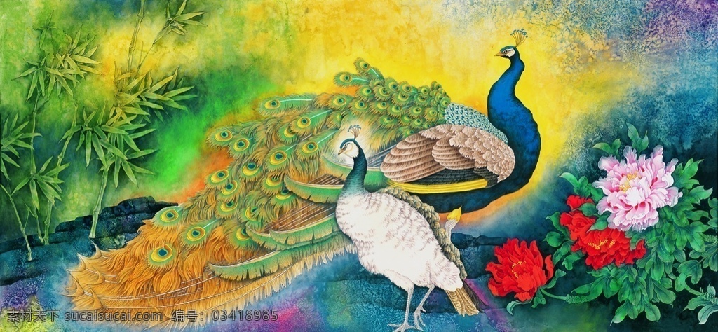 孔雀 装饰画 中国风 风景 水墨 书画作品 书画作品高清 文化艺术 绘画书法
