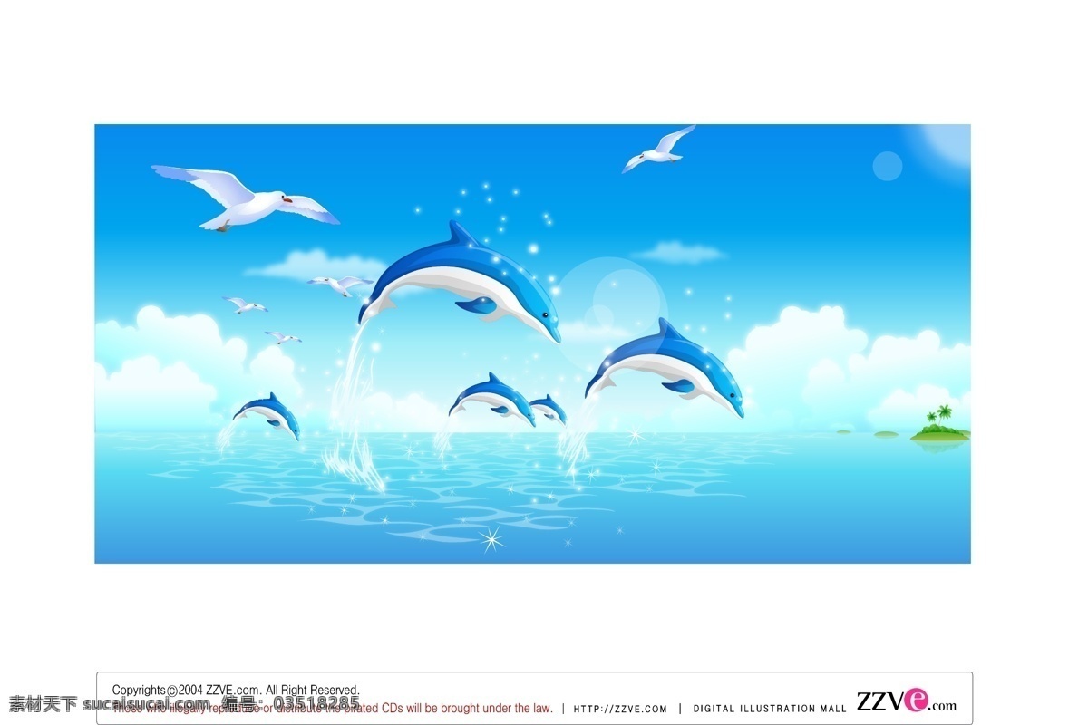 海豚 跃出 水面 卡通 风景 矢量 白云 背景图片 插画 海鸥 蓝天 模板 设计稿 水花 跃起 水墨 素材元素 源文件 矢量图