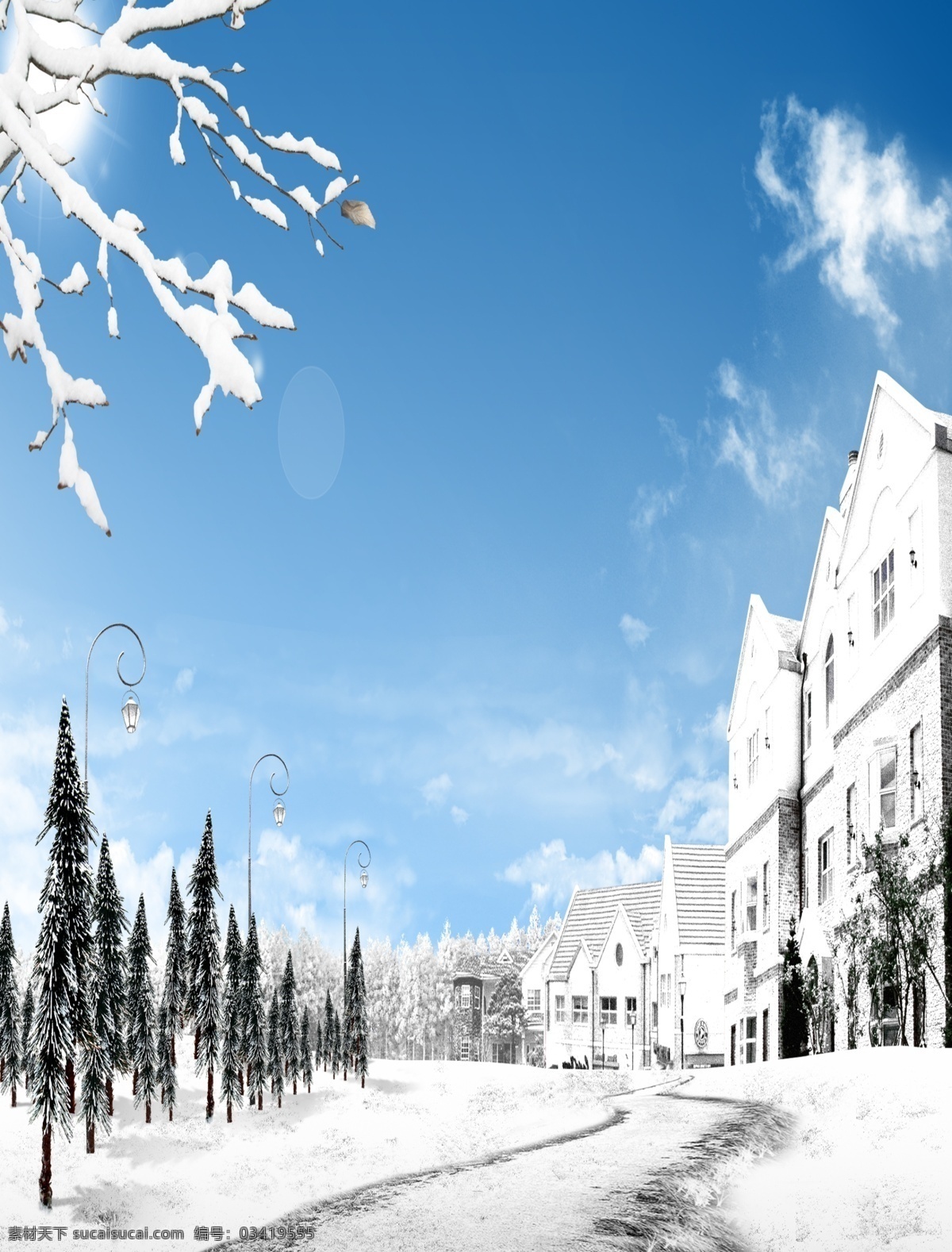 雪地 下 建筑 装饰画 松树 蓝天 装饰图 挂画 插画