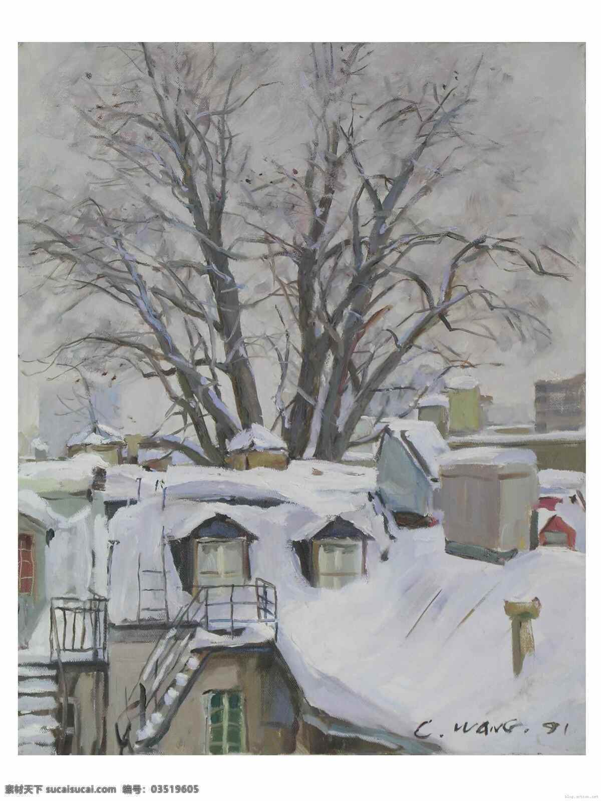 冬季 雪景 冬季雪景 高清风景油画 油画素材 油画 冬季雪景油画 装饰素材