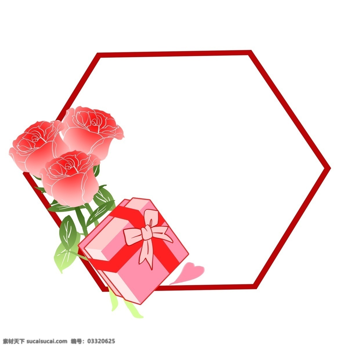 红色 礼盒 鲜花 边框 漂亮 卡通鲜花边框 手绘鲜花边框 红色的礼盒 绿色的叶子