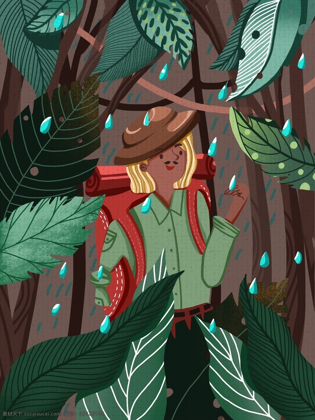 国际 残疾 人日 断臂 男孩 独自 去 森林 探险 可爱 帽子 树叶 树木 背包 国际残疾人日 下雨
