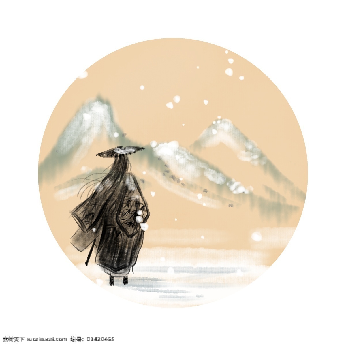 冬季 渔夫 圆形 边框 黑色的蓑衣 巍峨的大山 卡通边框 手绘圆形边框 冬季圆形边框 看雪景的人