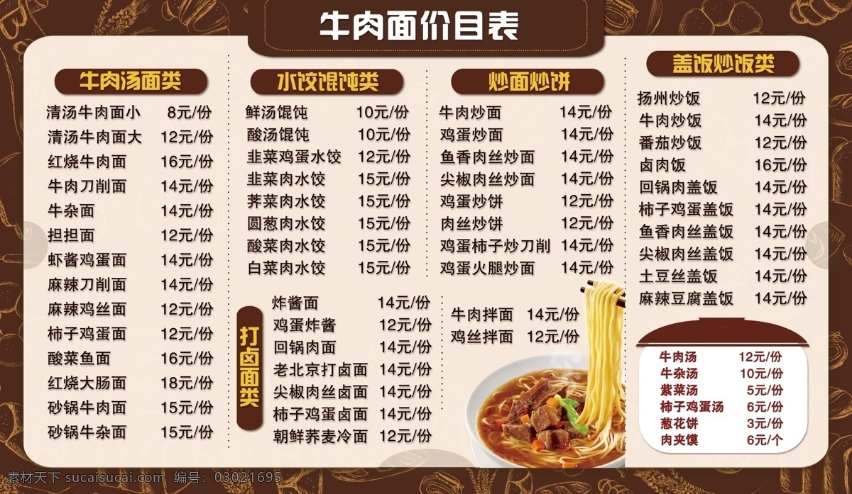 牛肉面 价目表 价格表 菜单 菜谱 牛肉汤 炒面炒饼 水饺馄饨 打卤面 盖饭炒饭