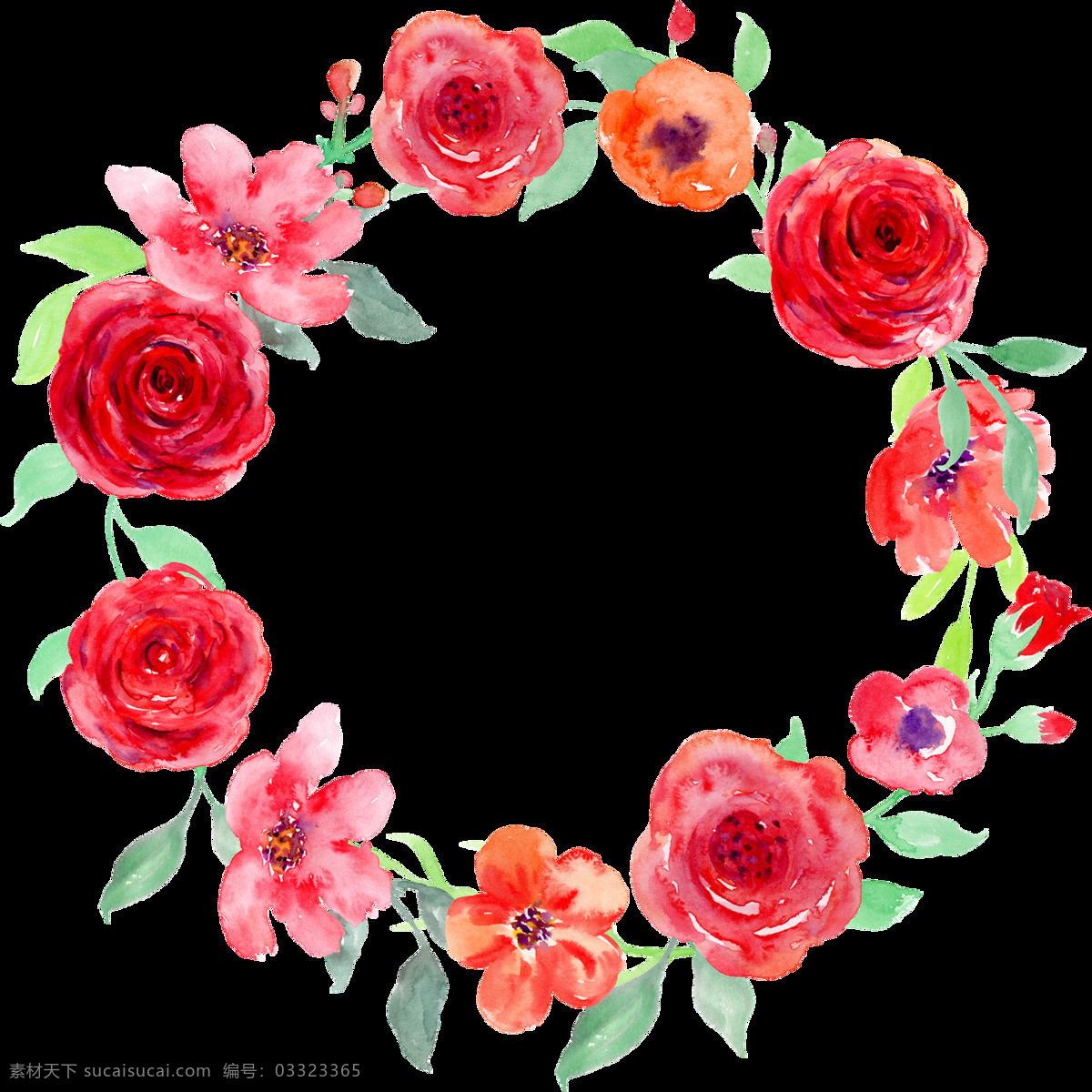 手绘 红玫瑰 花环 透明 透明素材 免扣素材 装饰图片 玫瑰花 橘红色 红色