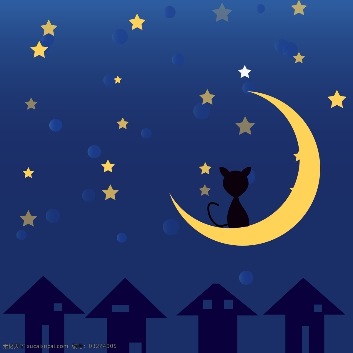 卡通黑夜 月亮上的猫 黑夜下的猫咪 看星星的猫猫 烂漫蓝色夜空 卡通黑夜背景 卡通 卡通设计