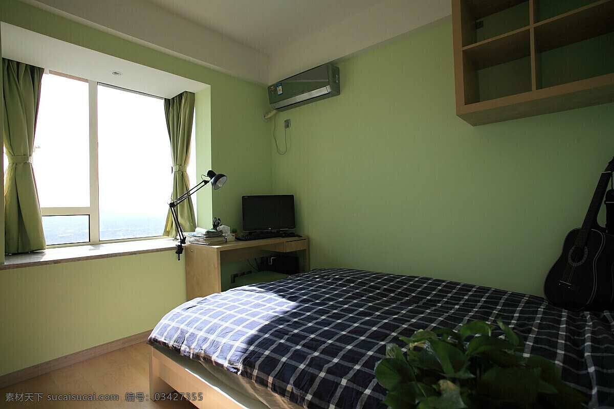 简约 卧室 飘 窗 装修 效果图 储物柜 床铺 灰色窗帘 灰色地板砖 绿色墙壁