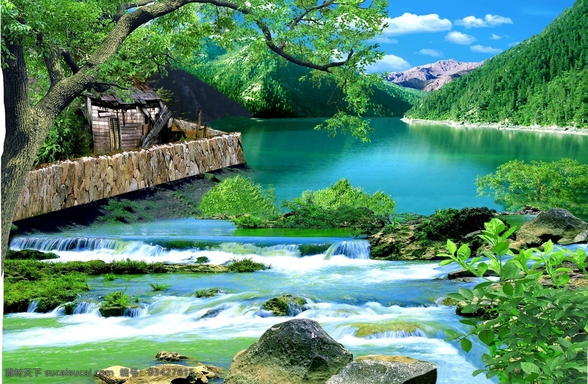 山脚下 湖边 美丽 风景 湖泊 房屋 建筑物 花草 树木 石头 蓝天 白云 山水风景 自然景观