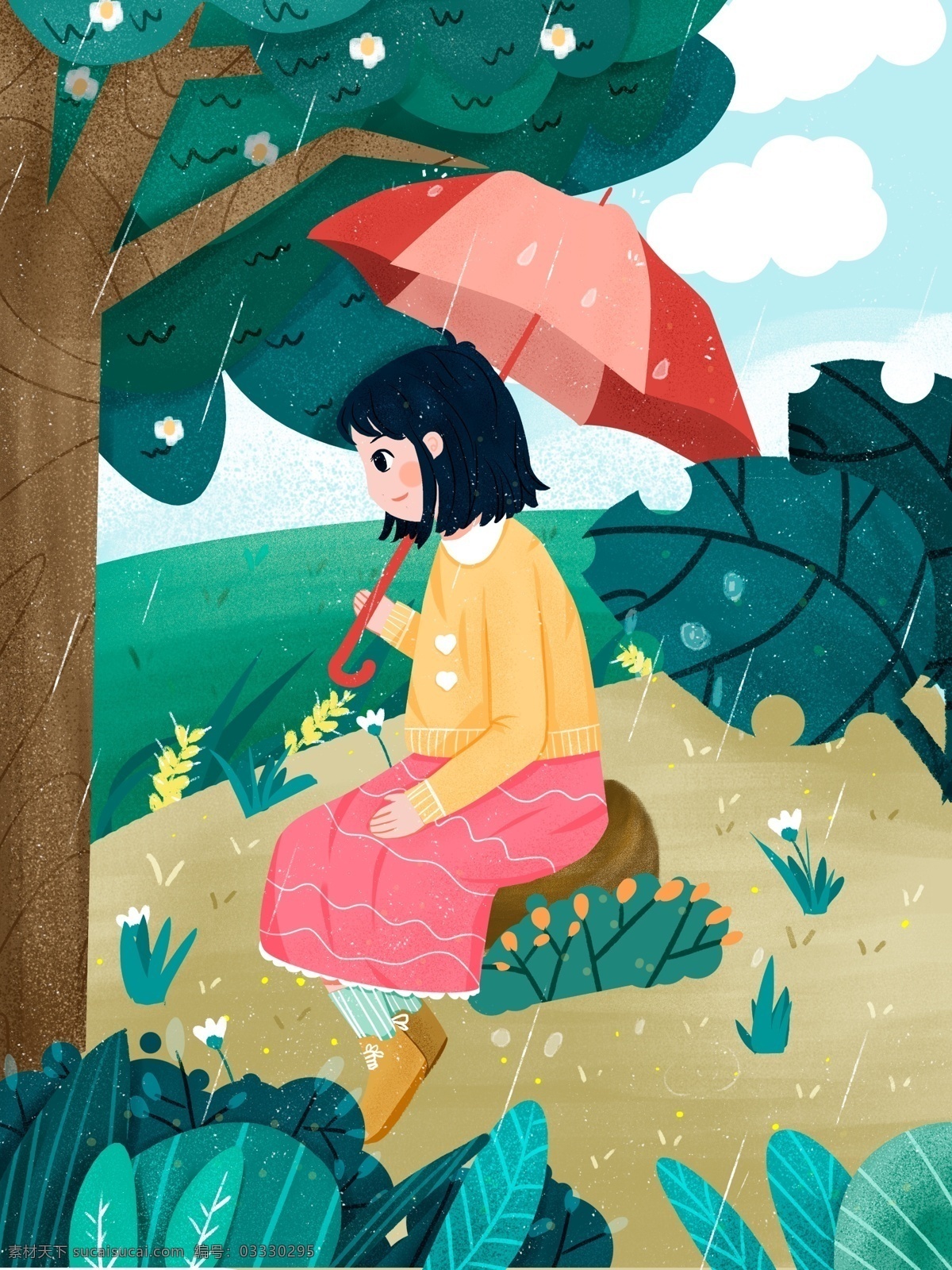 小 清新 唯美 扁平 风 谷雨 女孩 雨 停 小清新 扁平风 春天 春分 四月你好 五月你好 小满 清明节 插画 手机用图 海报