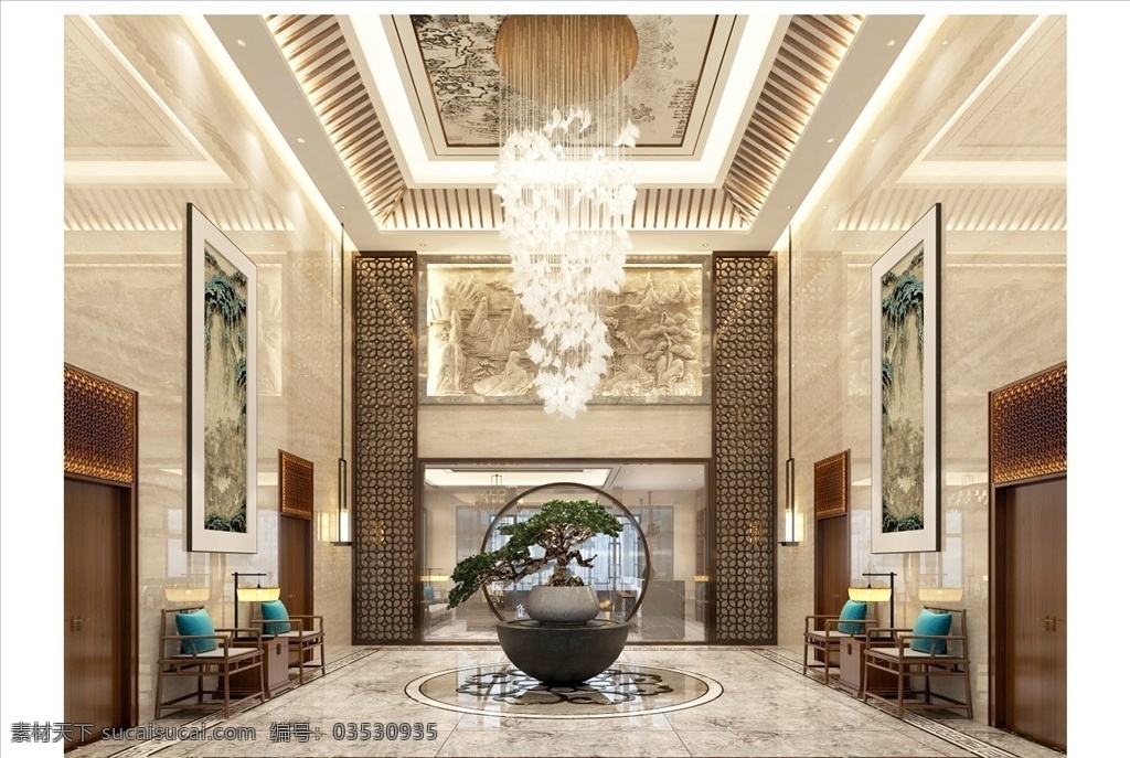 新 中式 酒店 大堂 新中式 max 模型 暖色 大理石 室内模型 3d设计