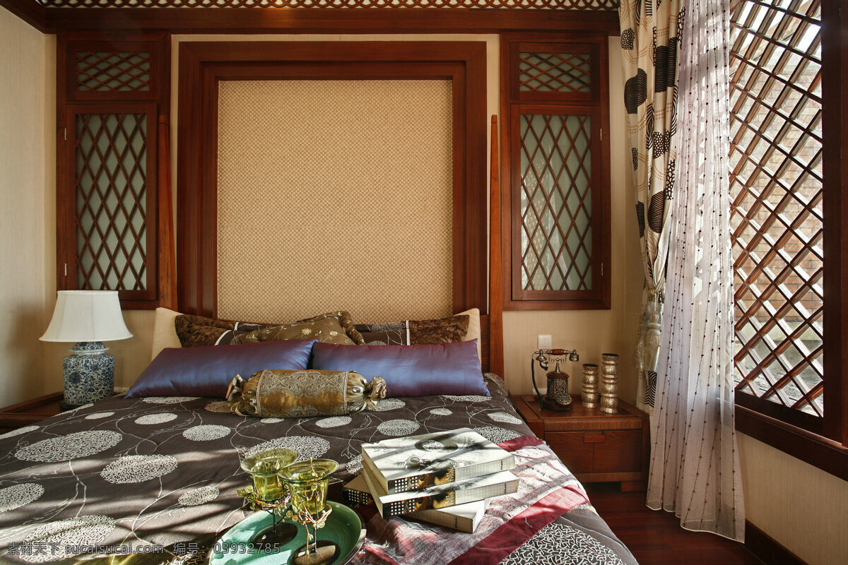 中式 风情 卧室 木制 镂空 窗户 室内装修 效果图 客厅装修 木地板 薄纱窗帘 镂空窗户