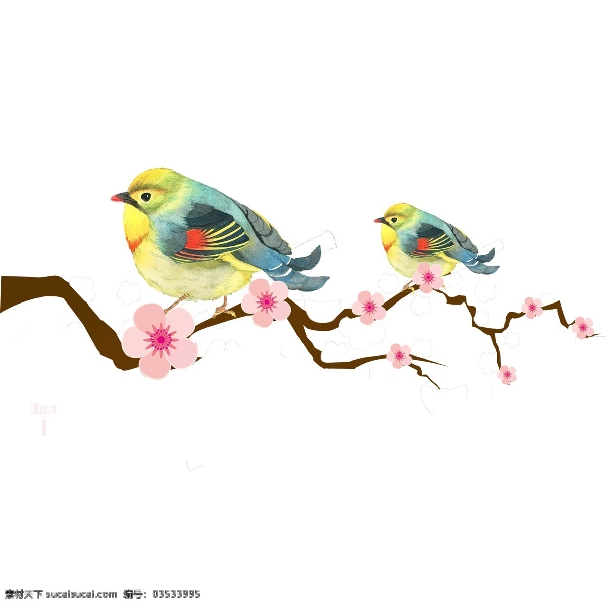 梅花 枝头 上 小鸟 花瓣 蓝色 红色 动物 创意设计 树枝 粉色 不规则图形 飞翔 植物 卡通手绘
