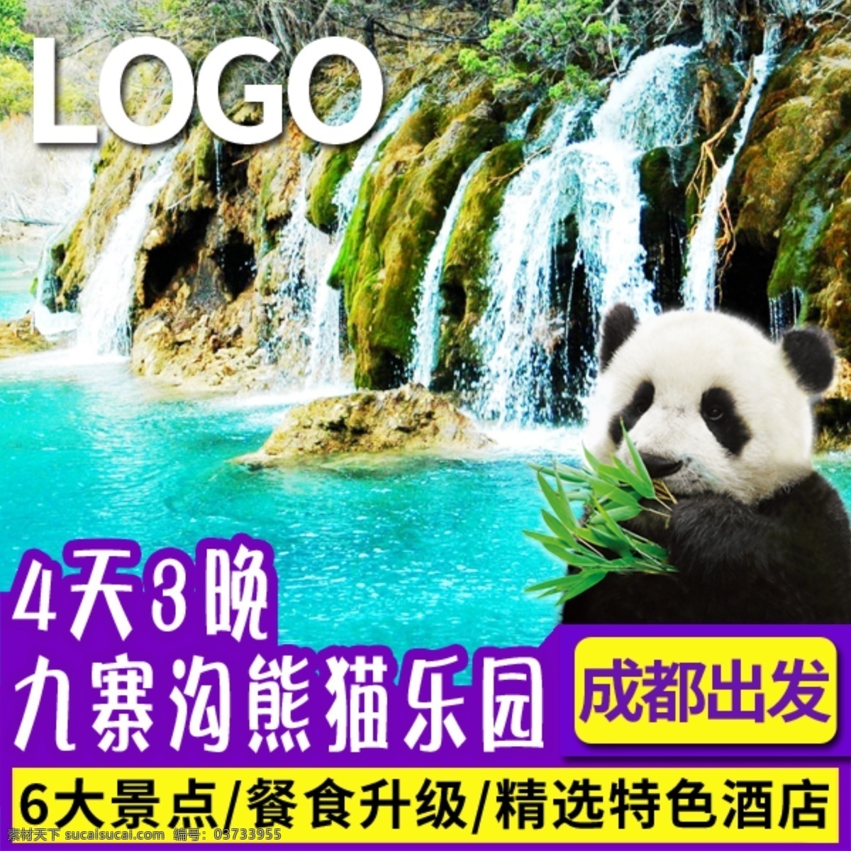 旅游首图模板 淘宝旅游 首图模板 九寨沟旅游 熊猫元素 紫色 黄色 色块