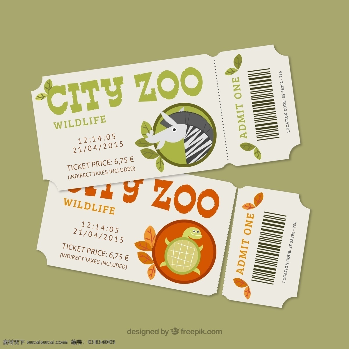 款 卡通 动物园 门票 矢量 斑马 乌龟 条形码 单人票 树叶 时间 票价 矢量图