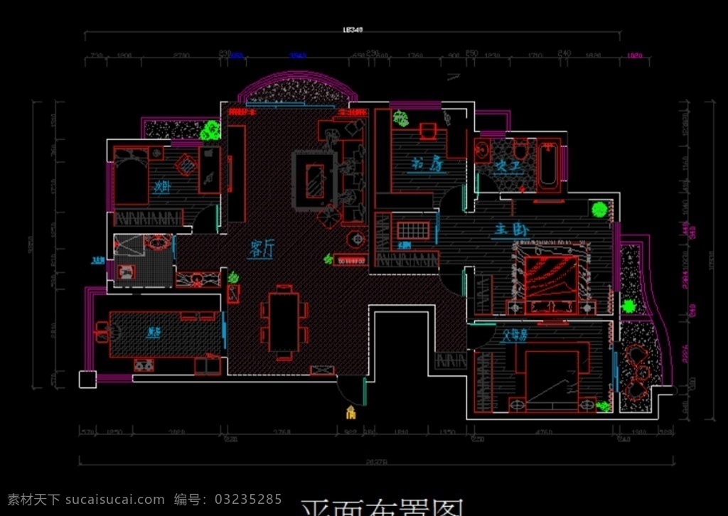 平面布置图 cad 室内 较大房型 家具 分层 dwg