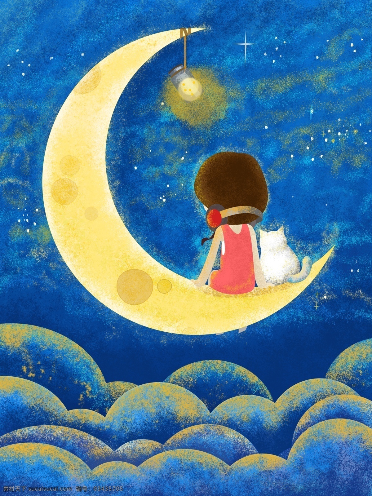 夜空 星空 月亮 猫 女孩 蓝色 安静