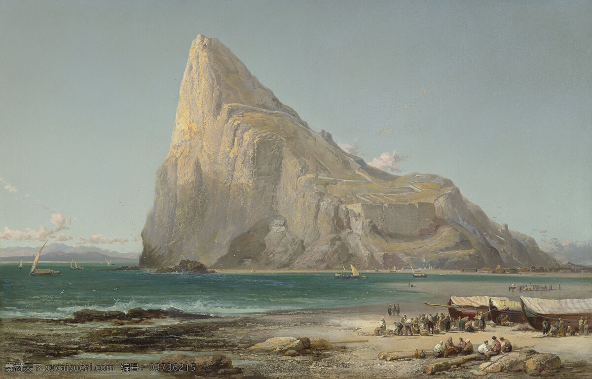 詹姆斯 韦布 作品 英国画家 直布罗陀海域 附近小岛 岸上居民 帆船 孤山 19世纪油画 油画 文化艺术 绘画书法