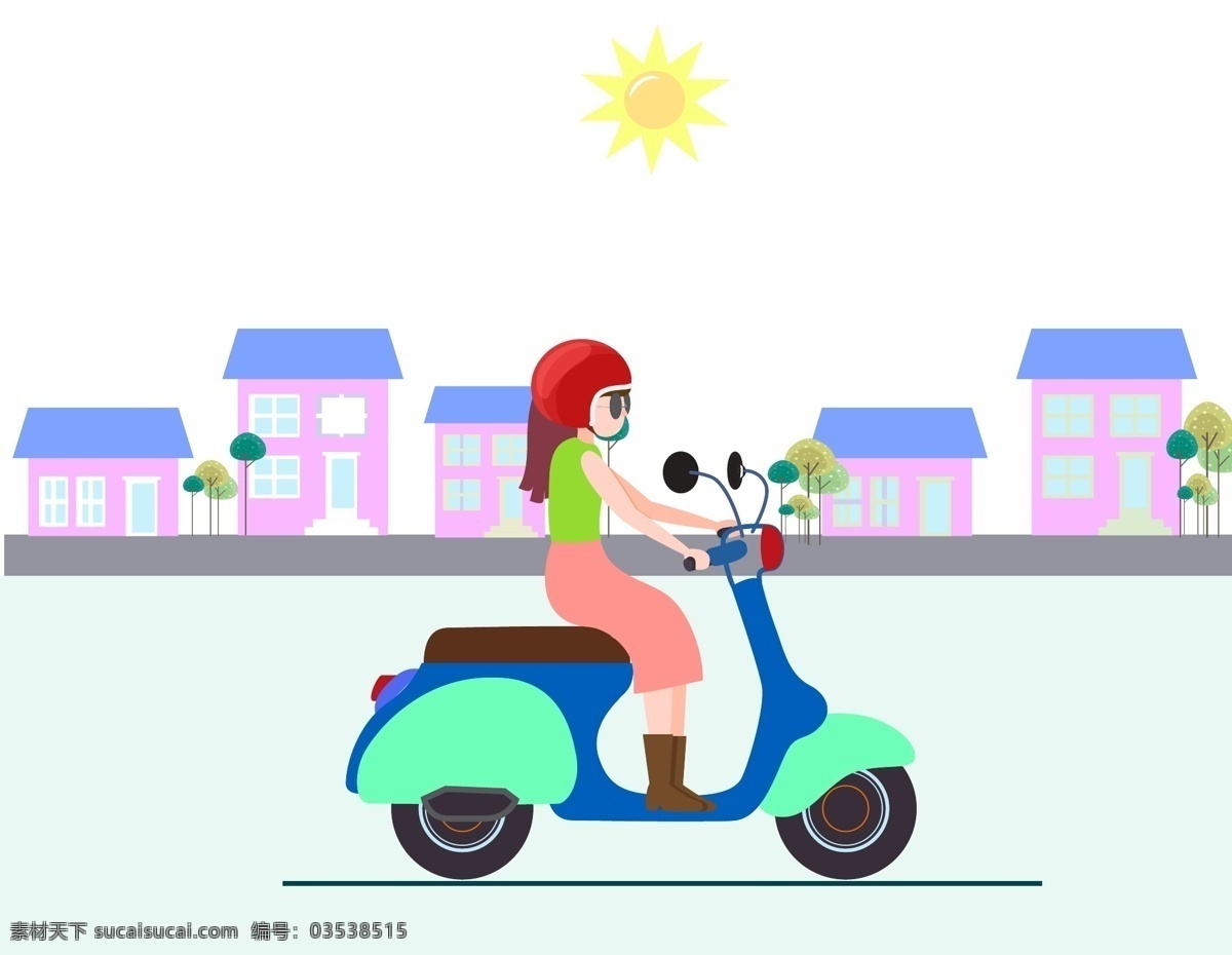 手绘 路上 骑 电动车 女孩 矢量图 卡通 车子 骑车 插画 温馨 温暖 房子 粉色 太阳 云彩