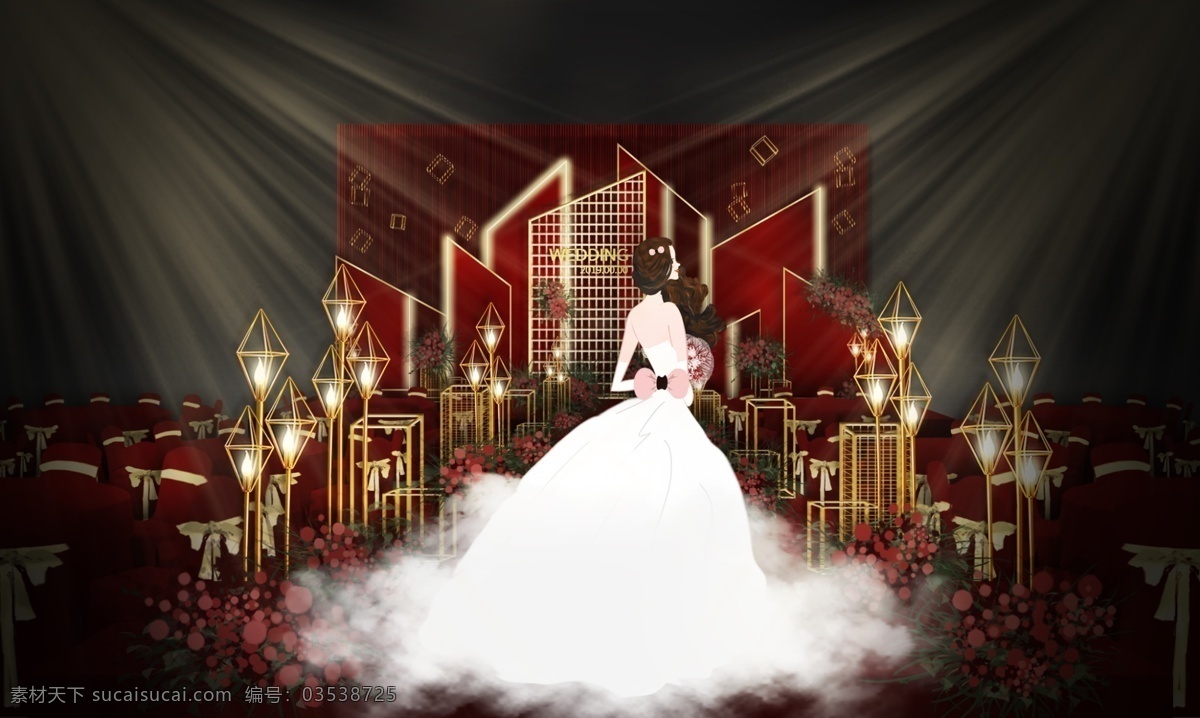 暗 系 红色 复古 原创 主 舞台 效果图 红 金 角 造型 主舞台 婚礼 铁艺 新娘 矩形 灯 钻石 铁网 线帘 纱幔 花艺