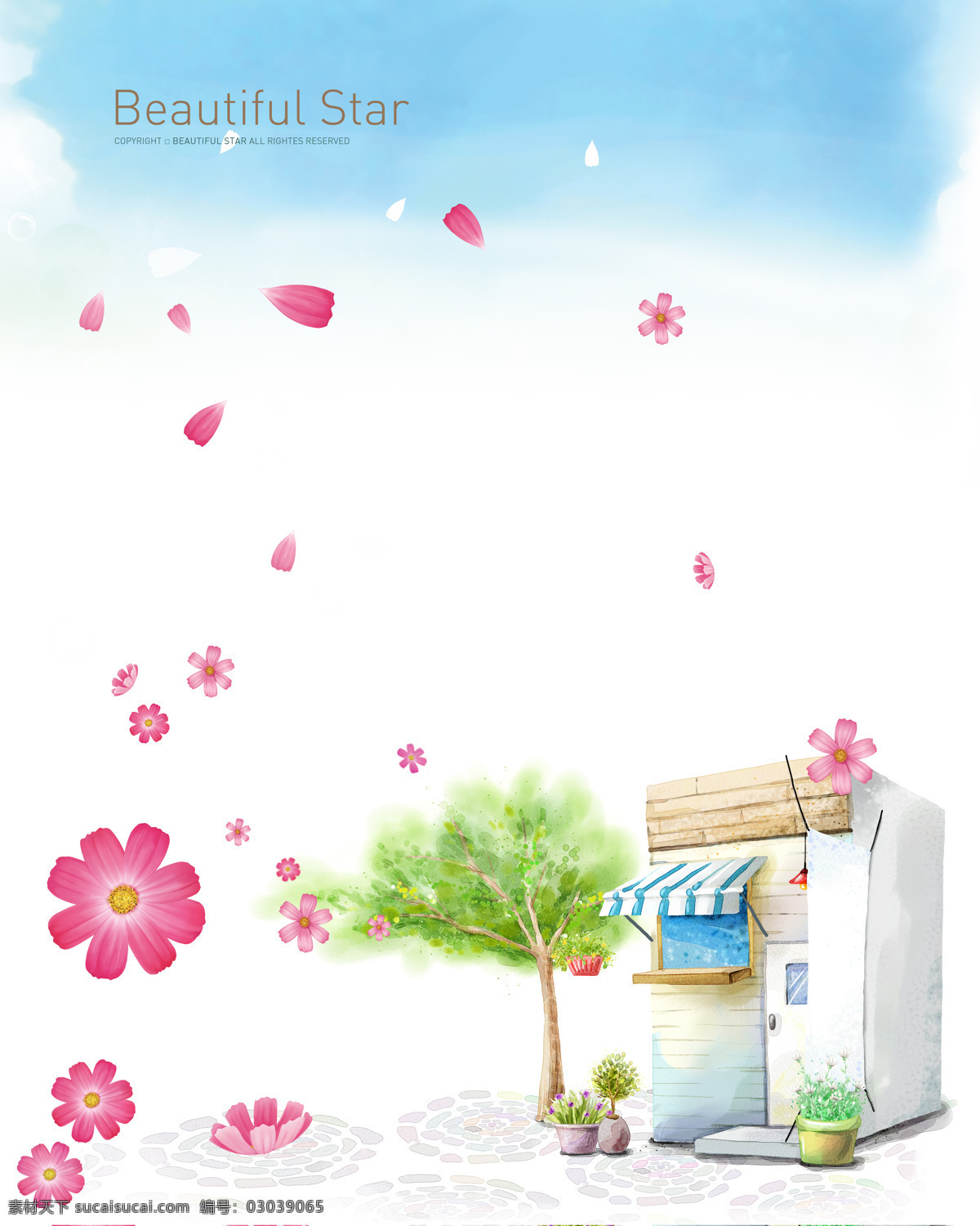手绘风景 花朵 花瓣 房子 树 花盆 水彩风景 韩国风景 梦幻 唯美 移门 设计素材 移门图案 底纹边框
