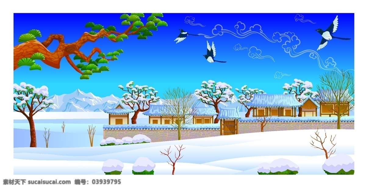 日本 冬季 雪景 景观 插画 冬季雪景 儿童卡通插画 房屋建筑 花草树木 蓝天 矢量图 雪山 雪松 自然风景 自然景观 日本风情 矢量美景插画