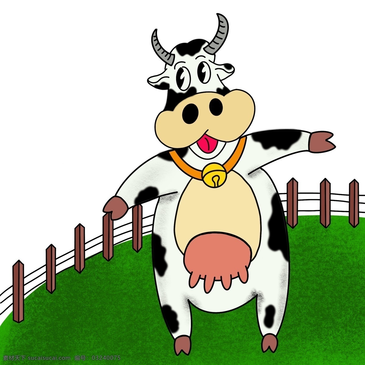围栏 里带 铃铛 奶牛 卡通 草地