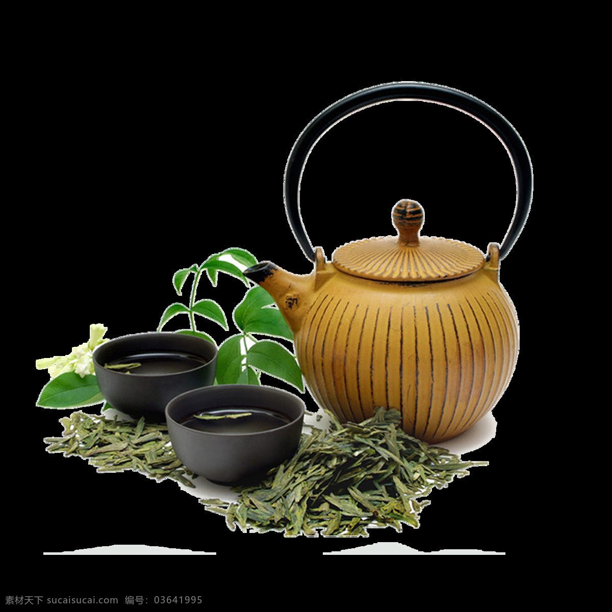 茶壶 茶叶 绿叶 元素 实物 小清新 中国风 免抠