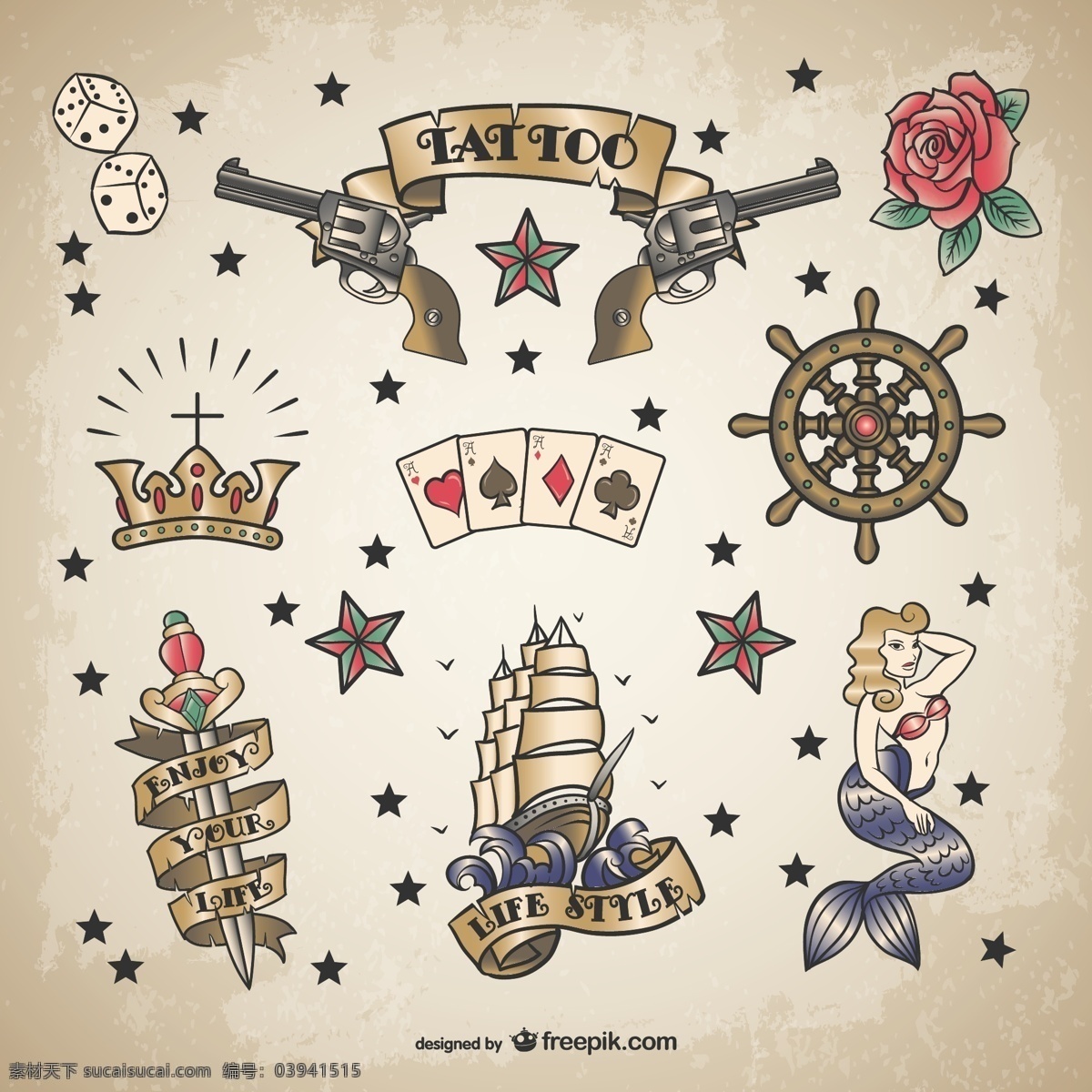 经典水手纹身 复古 爱 星 冠 玫瑰 艺术 纹身 图形 游戏 船舶 船 锚 平面设计 枪 海洋 装饰 卡片 徽章 白色