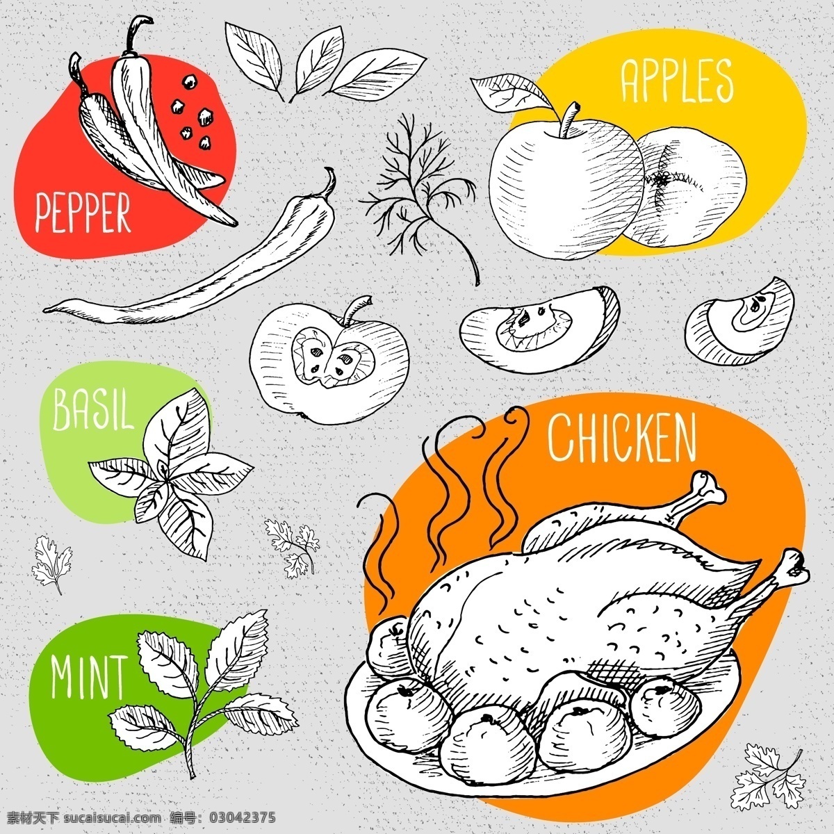 手绘 时尚 水果 蔬菜 美食 插画 线条 调味品 桃子 叶子 鸡肉