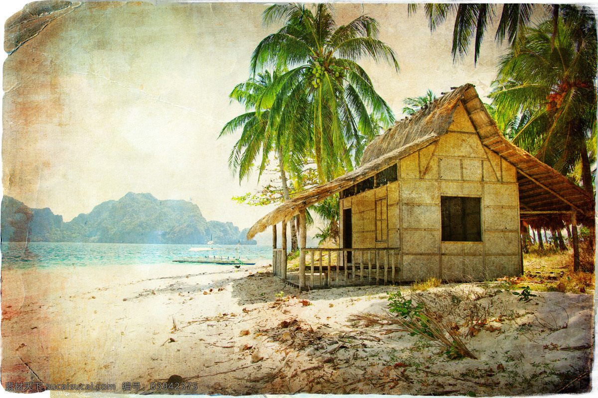 海边 油画 度假 房屋 画 椰子树 海边油画