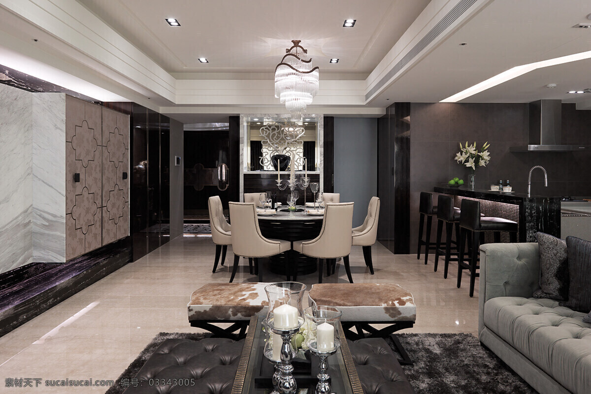 简约 客厅 吊灯 装修 效果图 白色射灯 白色地板砖 黑色茶几 餐桌 桌椅 沙发