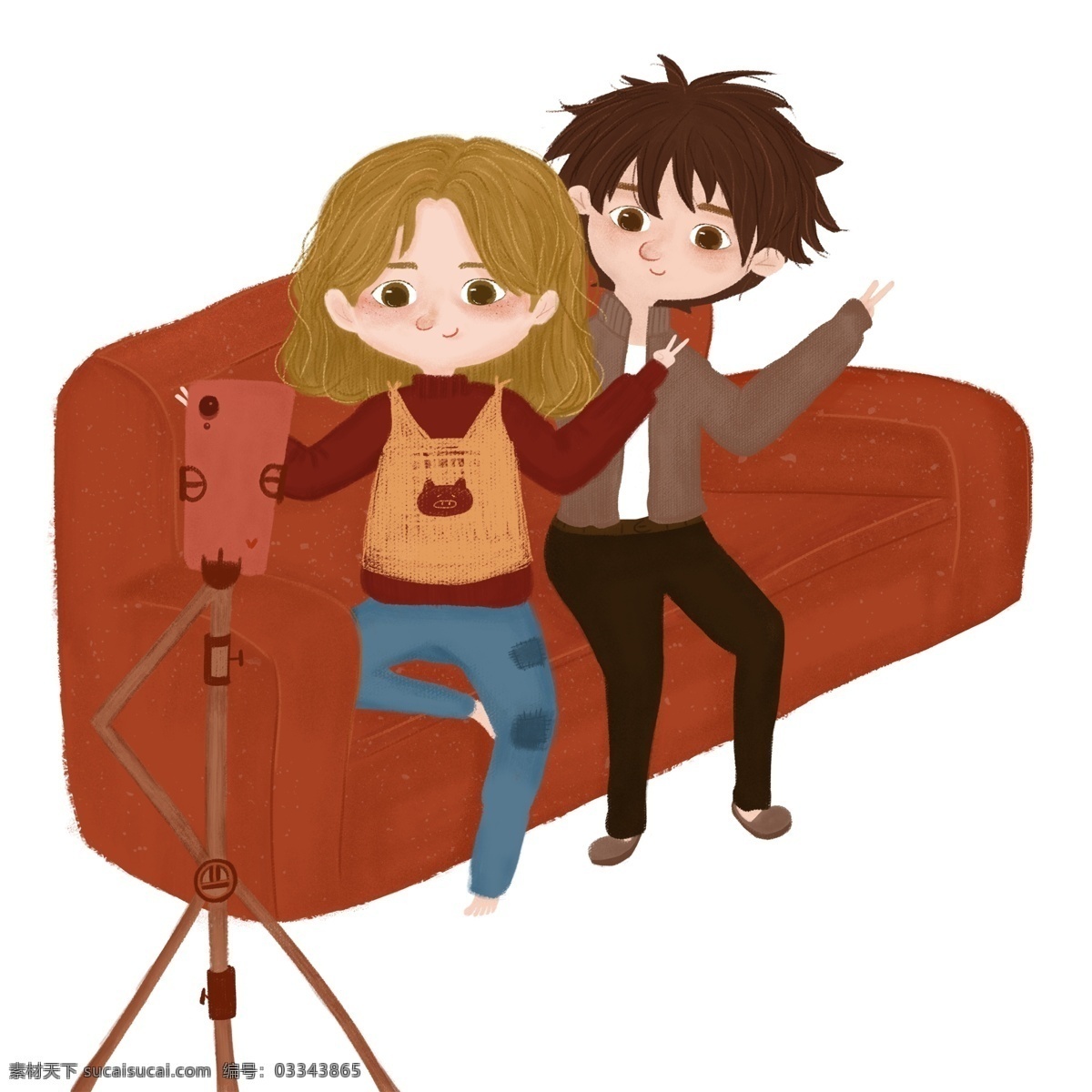 手绘 坐在 沙发 上 自拍 情侣 卡通 插画 创意 女孩 自拍杆 男孩 人物设计 psd设计