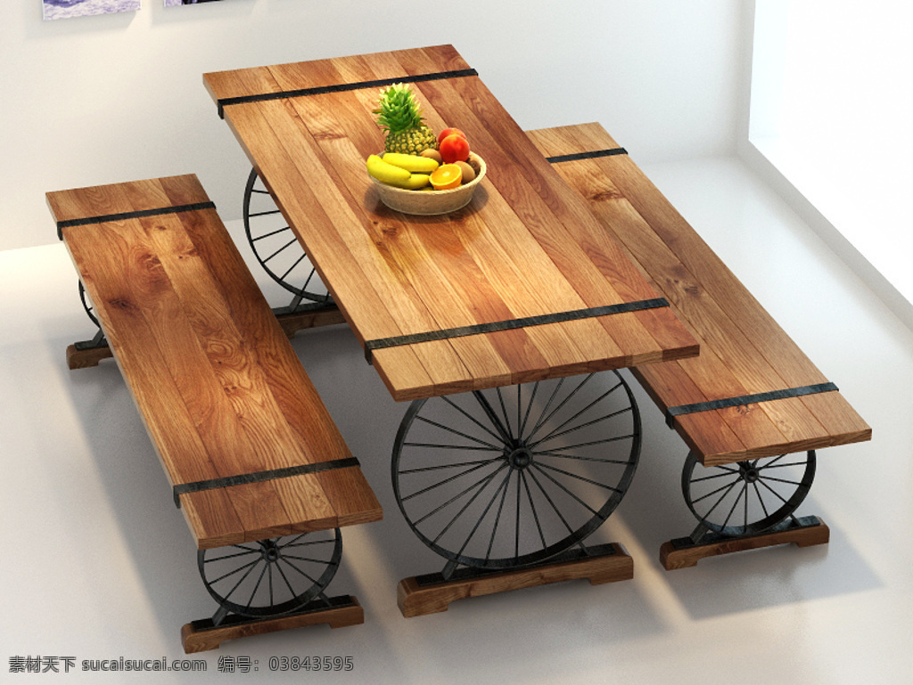 车轮 式 桌椅 套 组 3d模型 效果图 木质 田园 3d渲染 模型素材