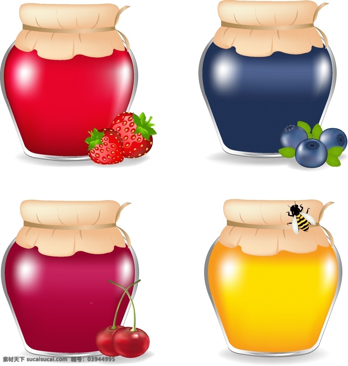 精美 果酱 蜂蜜 矢量 草莓 罐子 蓝莓 蜜蜂 瓶子 食品 矢量素材 樱桃 调味用品 矢量图 日常生活