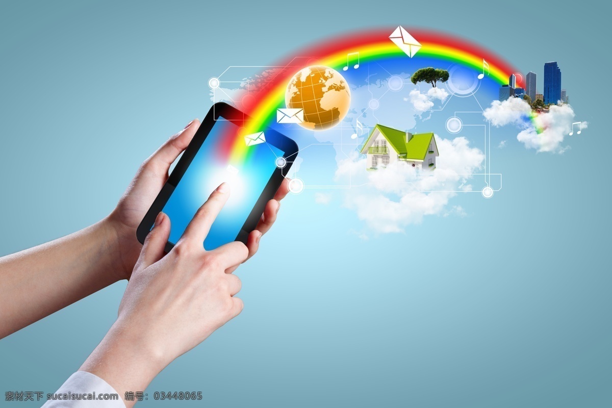 手中 手机 彩虹 建筑 地球 商务人士 商务科技 现代商务 手机图片 现代科技