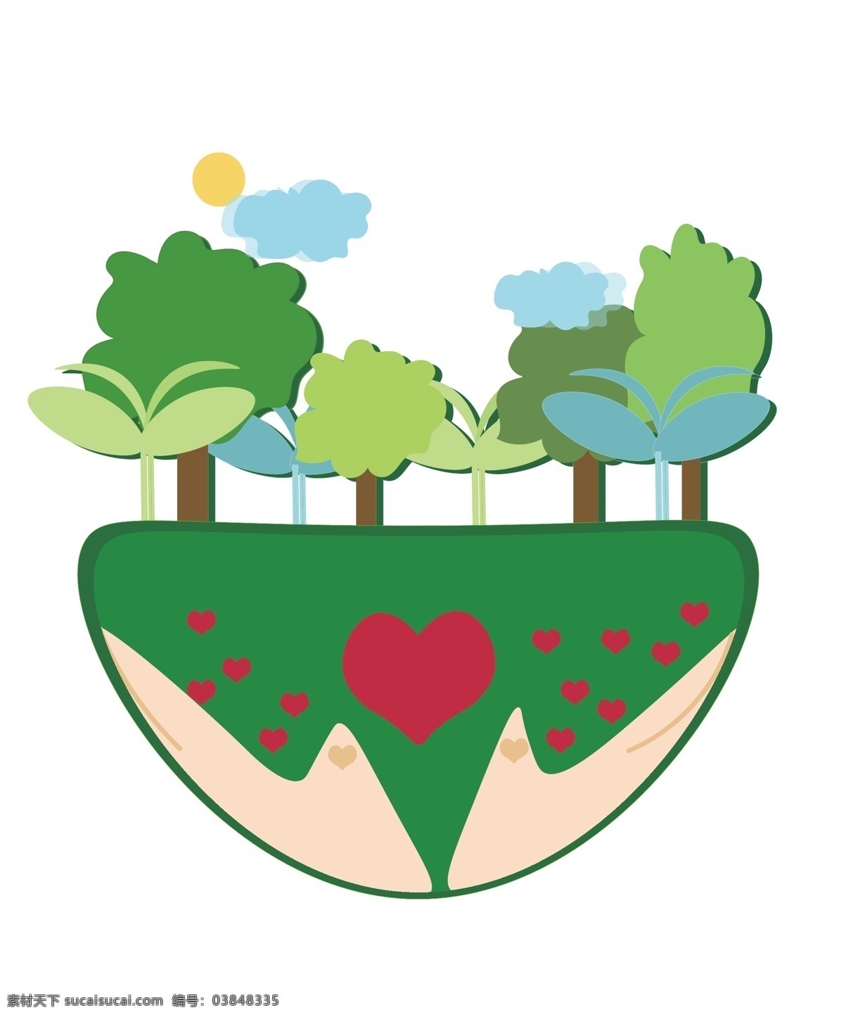 手绘 爱护 树木 公益 插画 爱护树木插画 手绘绿色树木 手绘红色爱心 手绘环保插画 绿色植物 大自然插画