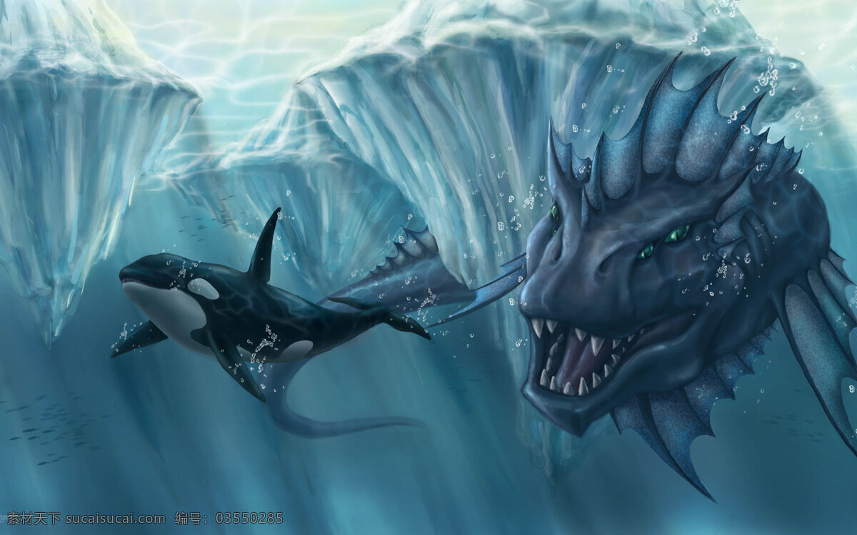 凶险 海底 动物图片 cg插画 动漫动画 礁石 漫画 鲨鱼 动物 海怪 海底追逐 弱肉强食 插画集