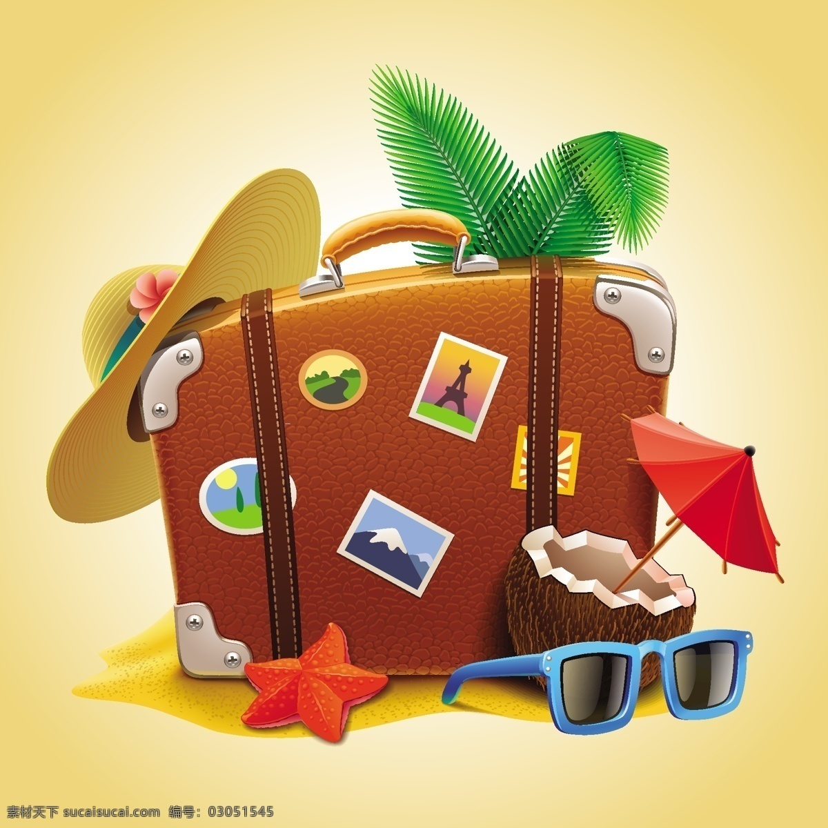 夏日 旅游 广告 背景 路牌 旅游素材 木板 夏日促销 行李箱 休闲旅游 雨伞 矢量图