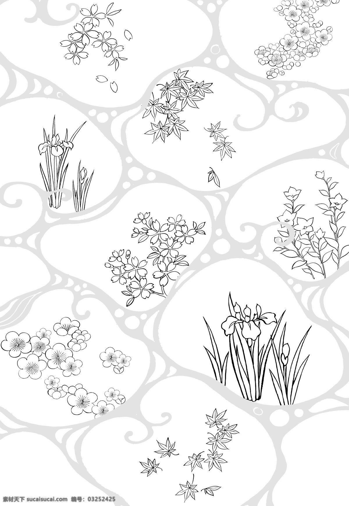 流水 鲜花 树叶线条画 树叶 线条画