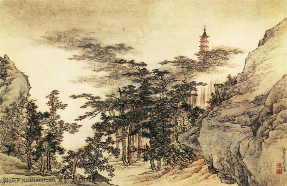 树林 古塔 山水画 中国风 古典 背景墙 挂画 贴图 壁纸 墙纸